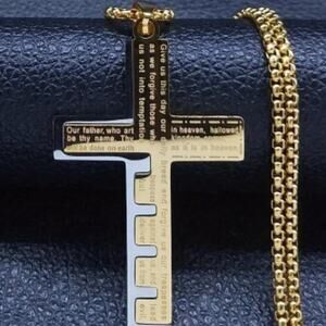 Lords Prayer Thick Cross Necklace Jesus Christian Christmas Birthday Gift - New!